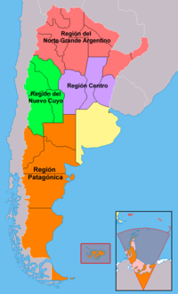 Las cuatro regiones en que se agrupan las provincias argentinas. La provincia de Buenos Aires y la Ciudad          Aut&oacute;noma de Buenos Aires, en amarillo, no integran ninguna regi&oacute;n.